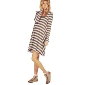 Volcom Striped Long-Sleeve Swing Dress in Gray and White oversized XS